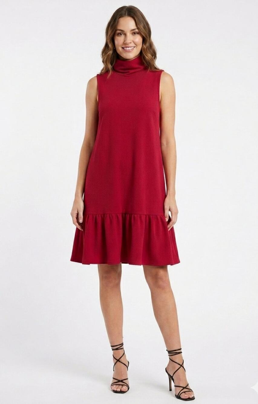Ophelia Roe Dress Small Red Sleeveless Ruffle Hem Mock Neck Keyhole Office Party